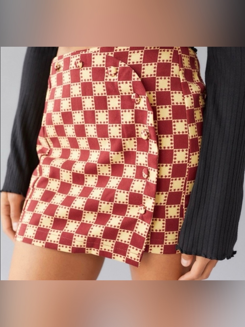 Urban Outfitters Checkerboard Mini Skirt in Burgundy and Cream
